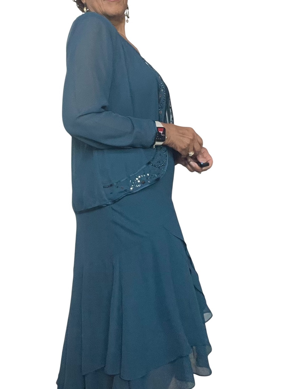 S.L. Fashions Teal Layered Midi Dress with Beaded Jacket - Picture 8 of 12